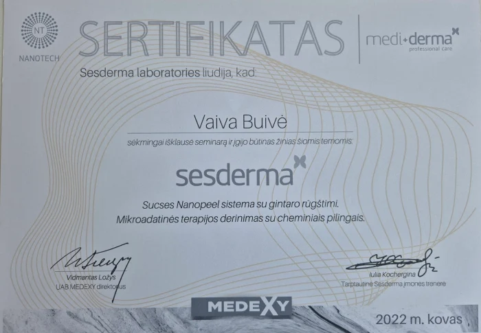 Vaivos Buivės kosmetologijos kvalifikacijos sertifikatas